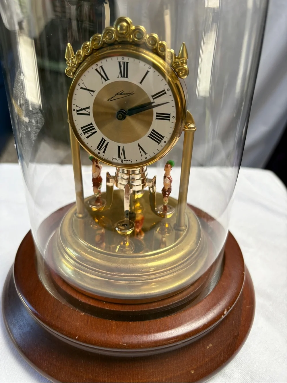 Glass Dome Mantel Clock with Gold Accents and Wood Base